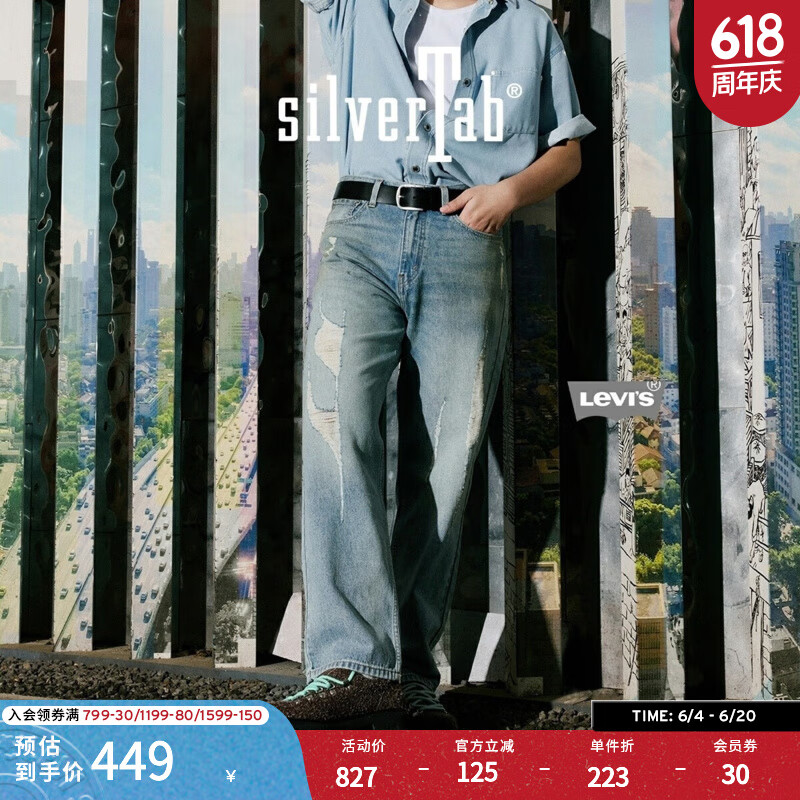 Levi's®SilverTab™25春夏新款男士美式高街破洞宽松直筒牛仔裤 蓝色 32 (32)