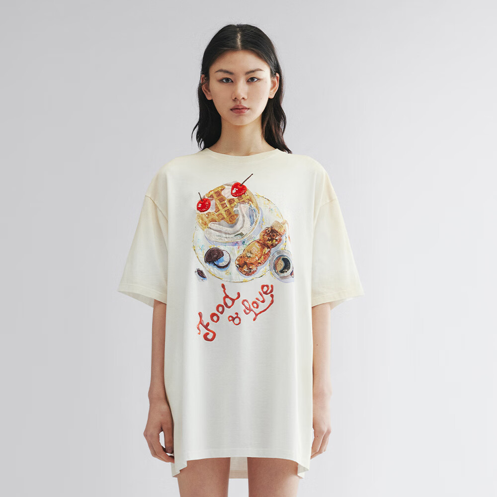 UOOYAA/乌丫2025秋季新款「爱与食物」樱桃蜂蜜华夫饼早餐T恤连衣裙 米色 S