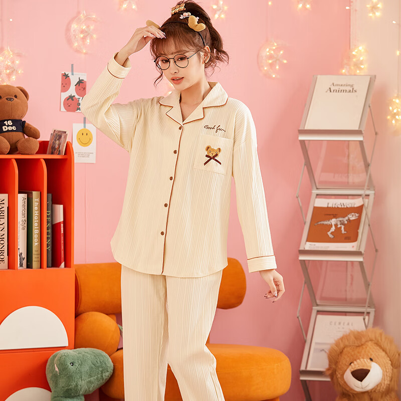 巴洛莲 BORORAM春秋冬季新款睡衣女长袖套装开衫坑条小翻领卡通甜美家居服 米色翻领小熊 M 建议80-95斤