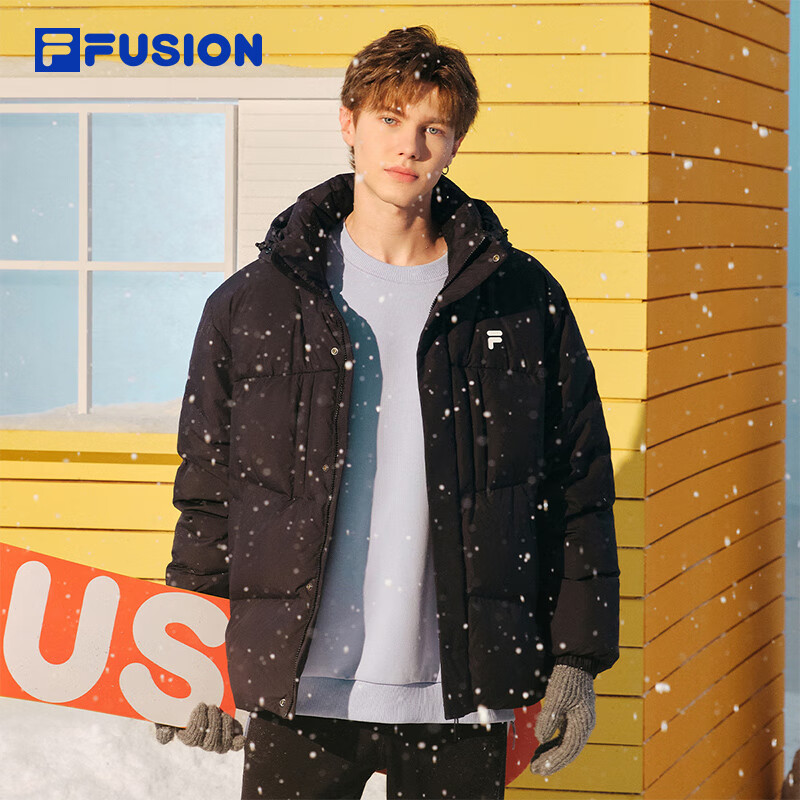 FILA FUSION斐乐潮牌情侣款羽绒服2025冬季新款宽松保暖连帽外套 正黑色-BK M 170/92A/M