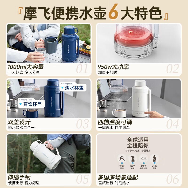摩飞电器电热水壶便携式烧水壶烧水杯旅行热水壶不锈钢大容量水壶户外露营 1L 椰奶白