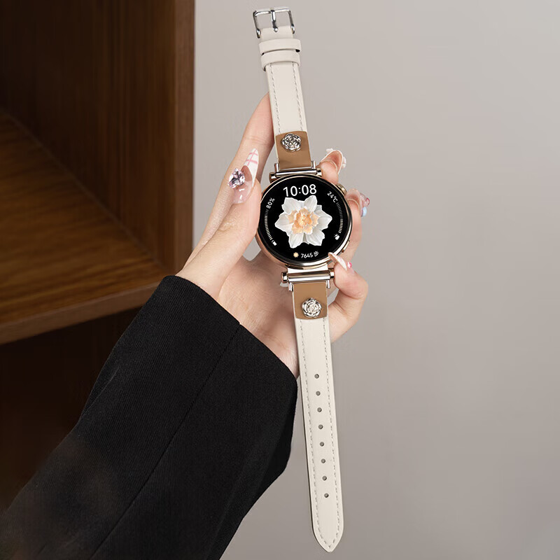 格汇【真皮表带】适用华为手表gt6/gt5/gt4表带watch5/watch4pro小蛮腰腕带gt5pro轻奢高级感女款表带 山茶花皮【米白】 华为GT6/GT5/GT4【41MM表盘】18mm