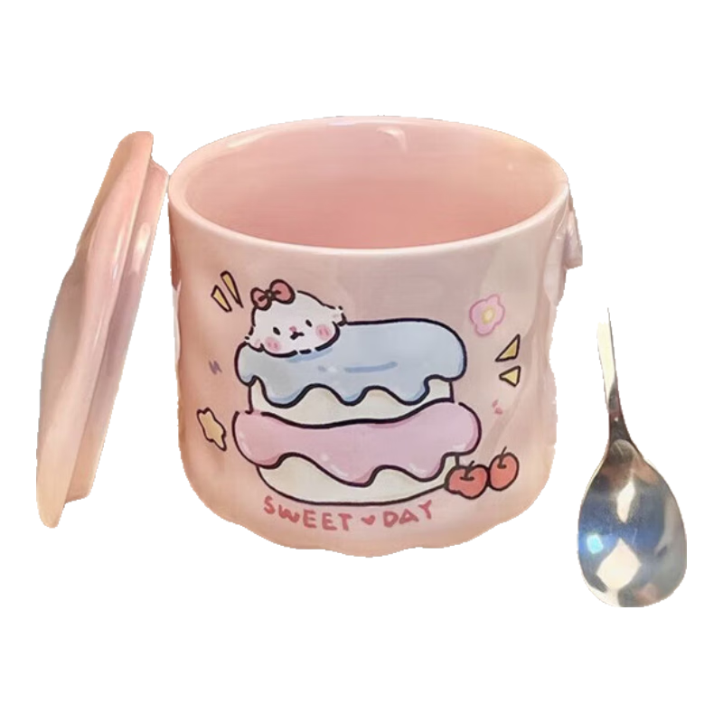 可爱fufu生日蛋糕马克杯带盖勺陶瓷杯送女生高颜值有意义生日礼物 奶酪生日蛋糕杯+盖+勺1个350ml