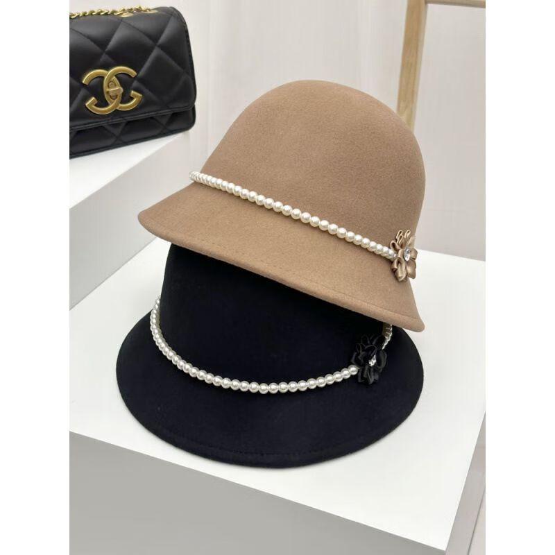 【优选直发】珍珠花朵毛呢渔夫帽子女秋冬法式复古显脸小盆帽优雅 珍珠花朵-黑色 M（56-58cm