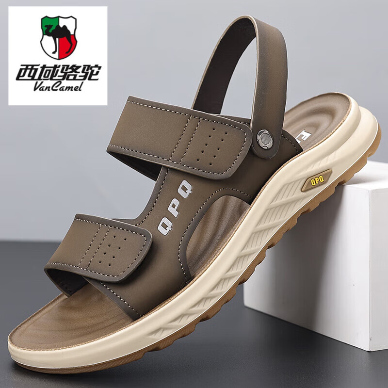 西域駱駝（VANCAMEL）男士涼鞋2025年夏季新款休閑沙灘鞋男真皮軟底透氣防滑兩用涼拖鞋 深卡其布色 41