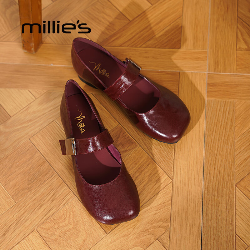 妙丽玛丽珍鞋女低跟真皮浅口复古圆头时尚2025夏季新款百搭配裙子单鞋 酒红色 38 (240mm) 标准码
