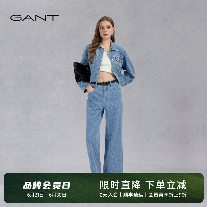GANT/甘特25新款女士复古老花套装裤子直筒阔腿牛仔裤 407-蓝色 L