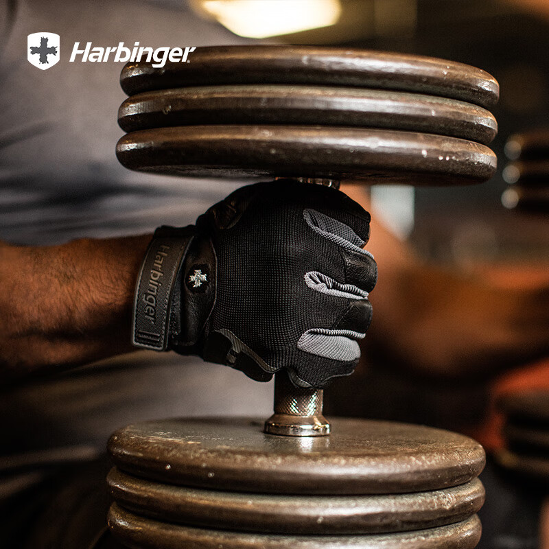 Harbinger哈彬者健身手套男运动骑行举重器械训练单杠引体向上防滑耐磨真皮 易干真皮/缓冲加垫/黑灰色/男款 M(掌围19-20.3cm)