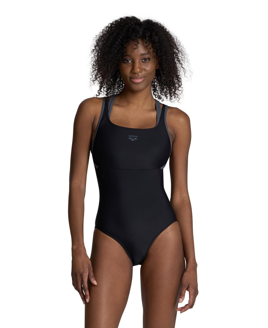 arena Feel 女式泳衣 純色高腰速干 泳池女泳裝 Black/Asphalt 34
