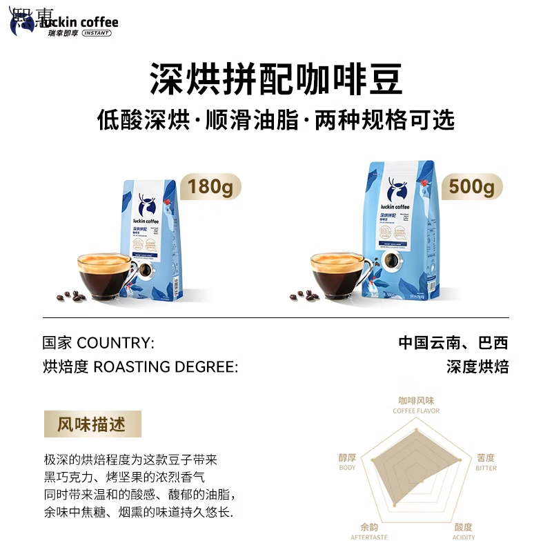 瑞幸咖啡（luckincoffee）精品深烘拼配咖啡豆意式浓缩醇香现磨咖啡粉手冲黑咖啡 深烘拼配咖啡豆 500g袋