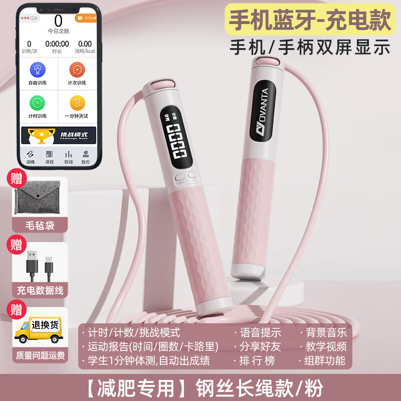 炫酷跳绳成人计数减肥燃脂健身运动中小学生考试专用业竞速防绕神子 【智能蓝牙】APP互联-粉