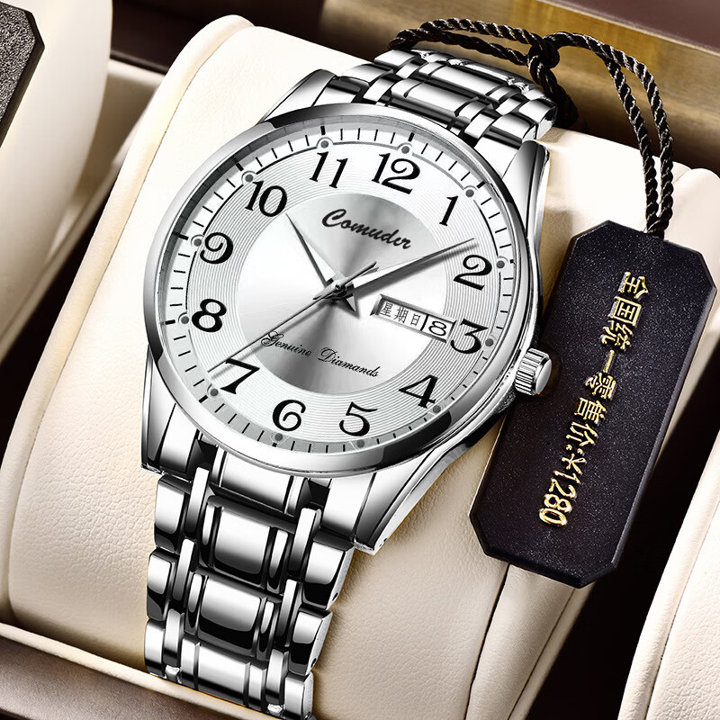 （0.01）2025新款手表男士双日历防水机械石英表夜光商务 031银刚白面