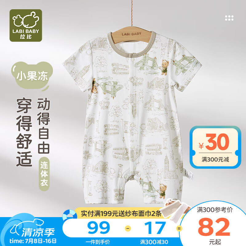 拉比嬰兒全開(kāi)連體衣新生兒睡衣薄款短袖夏季新款男女寶寶哈衣爬服 男寶-全開(kāi)款 90cm