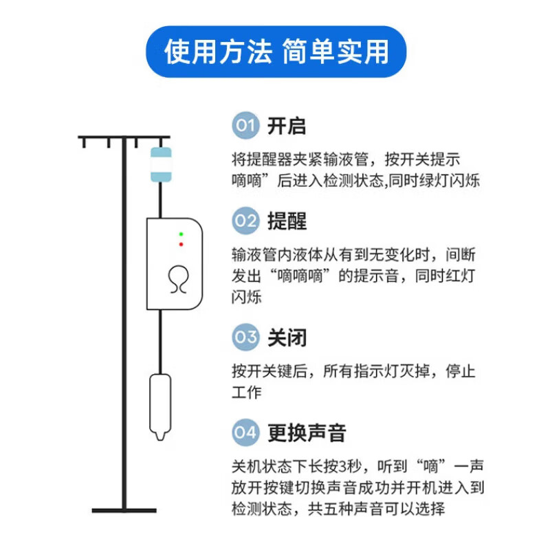 瑞合锦输液报警器空气智能自动提醒器吊瓶挂盐水打点滴神器病床陪护 白色充电带灯款
