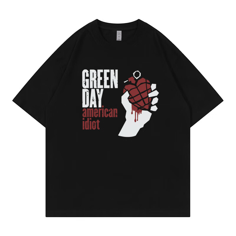 皇古迪Green Day绿日乐队美式休闲朋克涅槃落肩宽松纯棉圆领摇滚短袖T恤 黑色 S