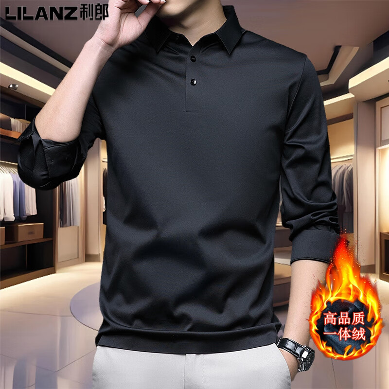 利郎男装商务长袖加绒T恤秋冬季新款桑蚕丝免熨烫男士高端行政T恤衫 225-黑色 加绒 L 170/建议120-140斤