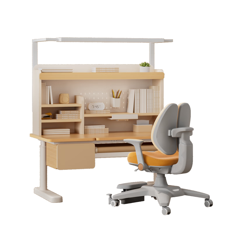 愛果樂學而不凡兒童學習桌椅寫字桌實木書桌兒童書桌套裝 E7收納集成艙 1.2m實木桌+燈+G6Max橘色 贈送學習大禮包