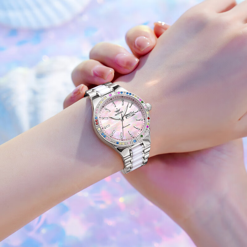 欧品客瑞士正品浪琴手表女全自动机械表双日历夜光防水专用女表 本色粉面【升级版】 33mm