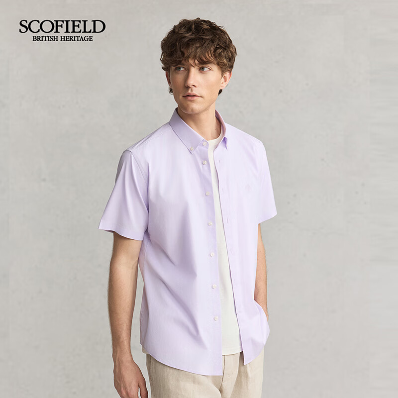 Scofield男士25年夏季新款纯棉商务休闲短袖时尚百搭通勤纯色衬衫 浅紫色 常规 L (175)