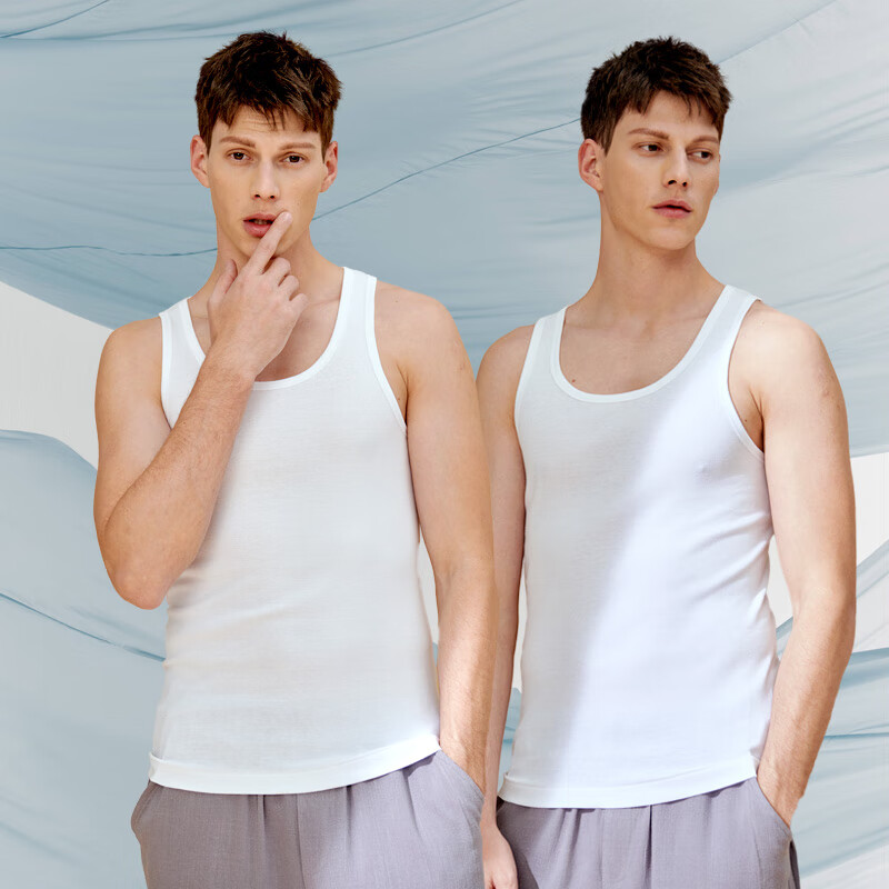 三枪两件装纯棉背心男士罗纹弹力轻薄透气修身运动内搭无袖坎肩汗衫 特白+特白 XL