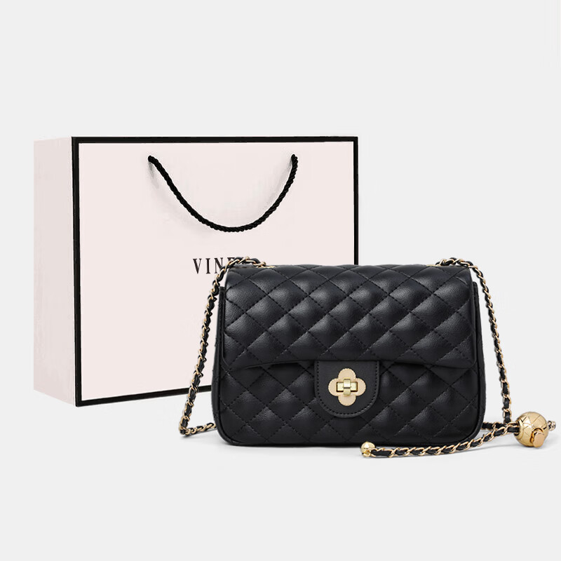 viney牛皮包包女包品牌单肩包轻奢斜挎包生日礼物高级感送女友老婆 【黑色】洋气高档小方包 时尚百搭休闲菱格链条包