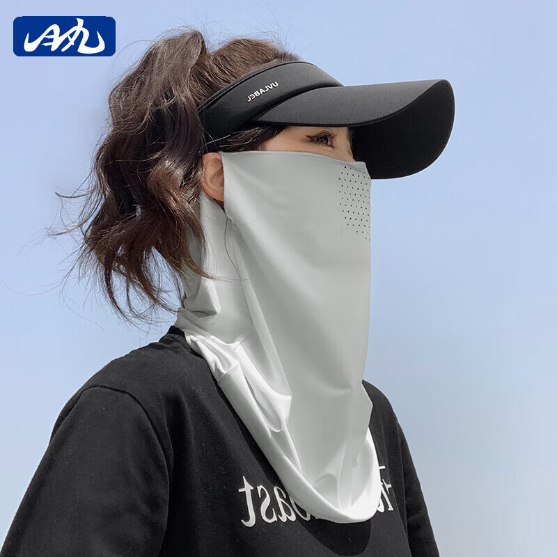 目丸冰丝防晒面罩男女全脸防紫外线骑行帽护颈遮脖子口罩面纱开车脸罩 浅灰色-男女可用透气款 1个 帽子+面罩