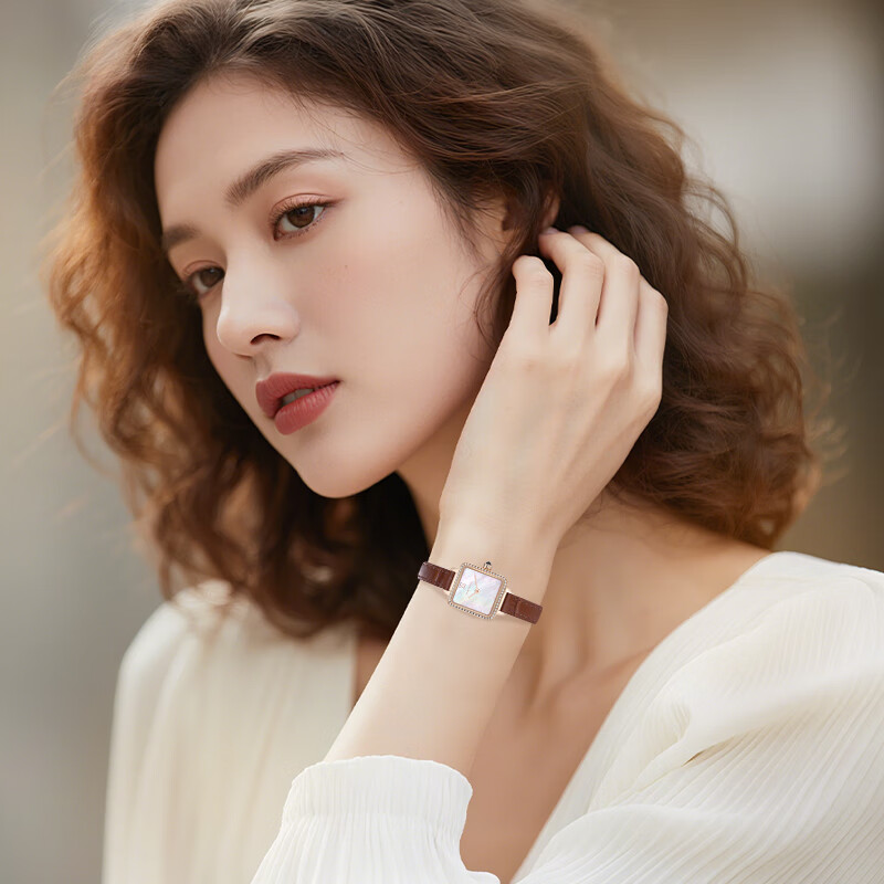 TELENSOSU 力梭品牌女士手表轻奢小众高级感小方表防水新款石英腕表生日礼物 【复古小棕表】贝母白-小方表 礼物高档