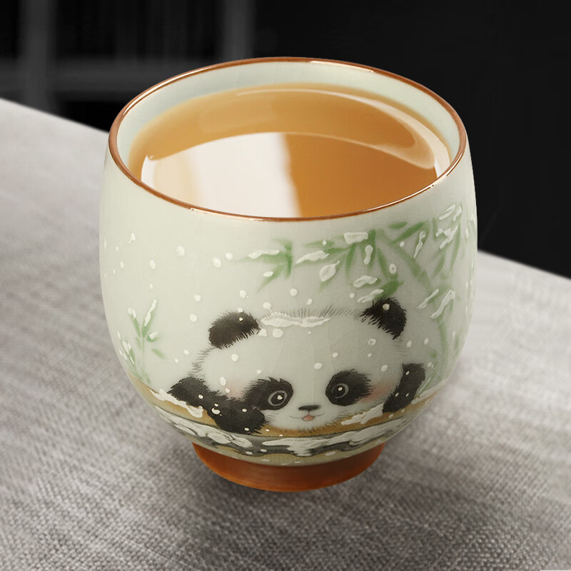 陶立方开片汝窑猫咪对杯品茗杯陶瓷杯主人杯家用对盏套装功夫茶具茶盏 腰鼓杯-熊猫+雪人猫