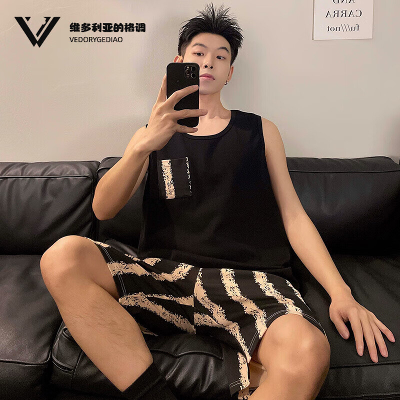 维多利亚的格调男士夏季纯棉背心睡衣男夏天薄款宽松大码爸爸外穿无袖短裤家居服 7105【背心+裤子】 L 码建议（95-125斤）