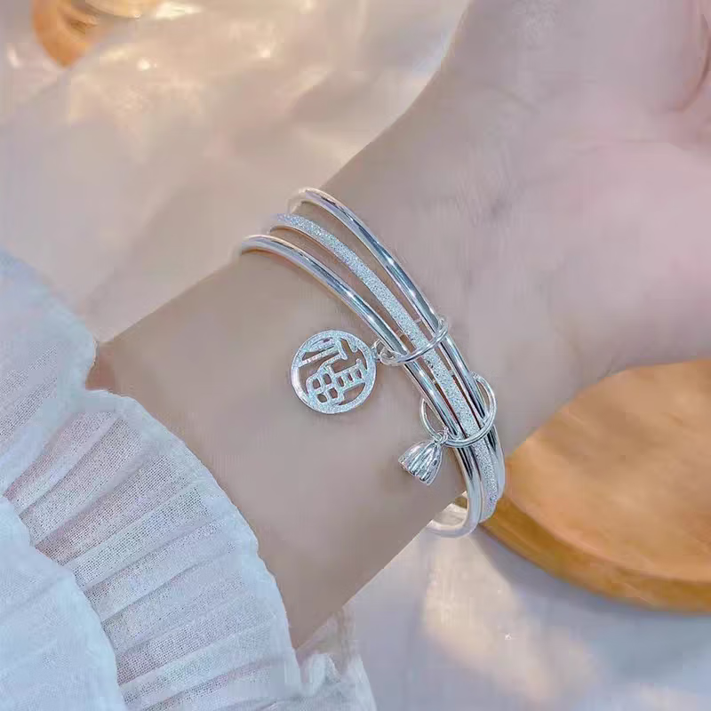 三生三世足银9999手镯年轻款纯银实心素圈镯子送女友闺蜜礼物 三生三世莲莲福牌银手镯 圈口#56MM丨25丨证书丨礼盒