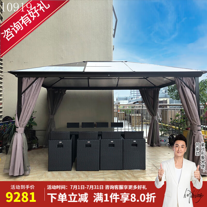 紫葉（ziye）戶外桌椅組合陽臺庭院花園室外露臺藤椅休閑藤編五件套海迪森桌椅 1桌8椅+3*4米涼亭