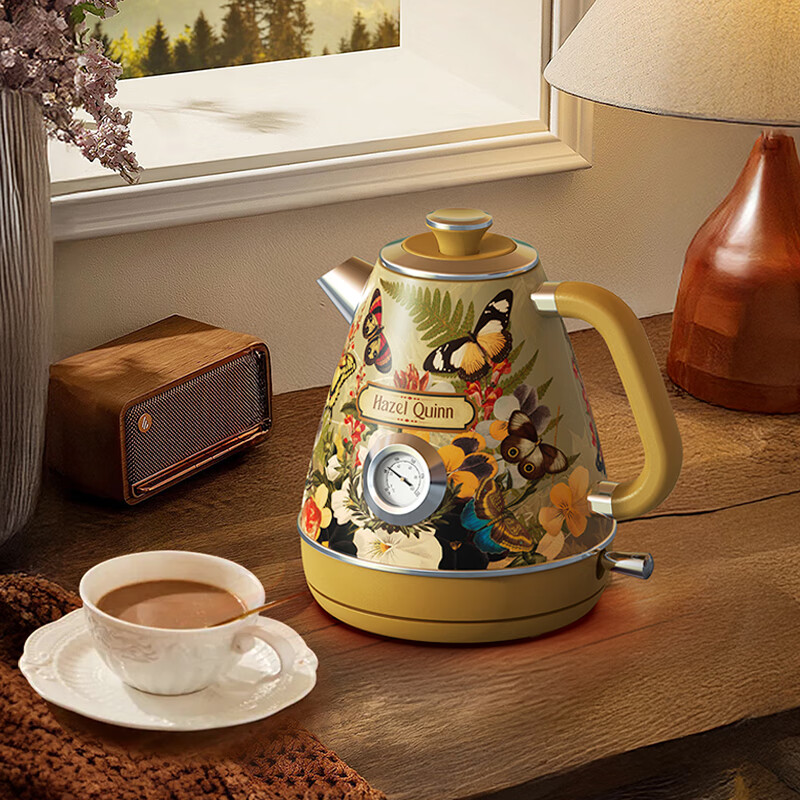 海素奎因手工复古贴花送人电热水壶优质温控304不锈钢内胆加热煮水送礼茶具送长辈必备高颜值煮茶壶 1.8L 第一代原版底座