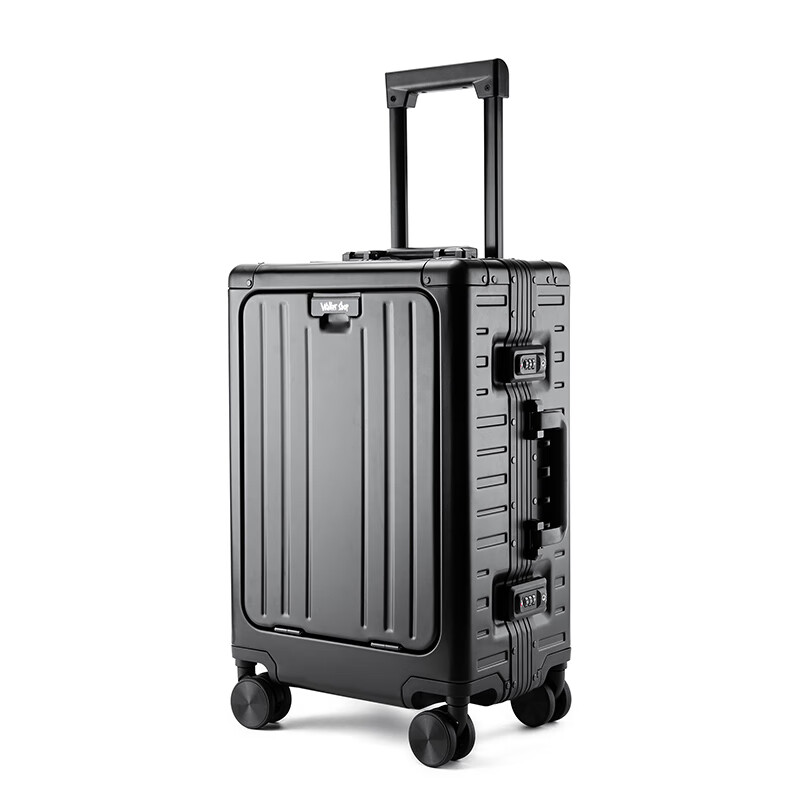 Walker Shop行李箱全铝镁合金旅行箱前开盖商务登机箱男女铝框万向轮拉杆箱子 黑色 20英寸