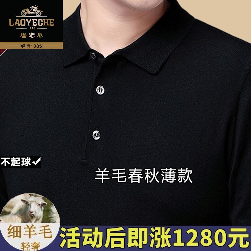 老爷车高档100%羊毛衫长袖T恤男士春秋薄款针织打底衫毛衣中年翻领上衣 哈青-【高档细羊毛】长袖 XL 175【建议130-145斤】
