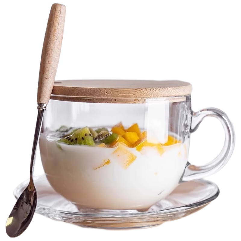 品喻（PINYU）早餐杯燕麦杯大容量牛奶杯加厚玻璃杯麦片碗耐热家用400ml杯盖+勺