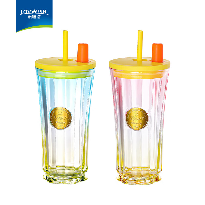 乐唯诗花开半朵玻璃吸管杯办公室咖啡杯高颜值夏日大容量水杯家用杯子 花开半朵吸管杯-混色-420ml*2