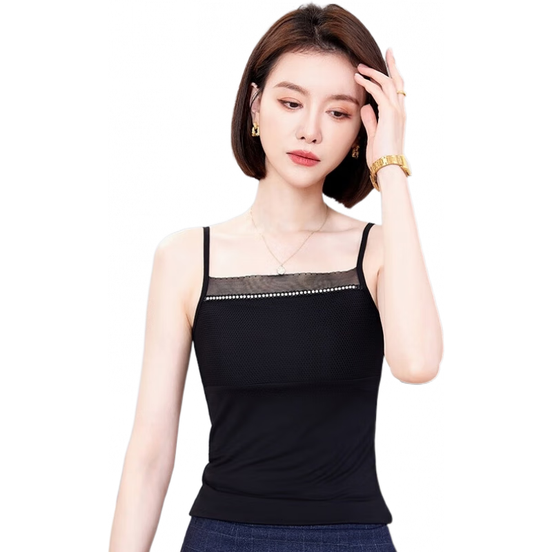 皮爾卡丹夏薄款打底衫女吊帶背心新款一字領直筒顯瘦網(wǎng)紗拼接釘珠內(nèi)搭上衣 黑色 S (建議80-90斤)