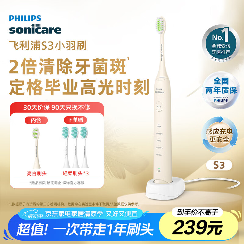 飞利浦（PHILIPS）电动牙刷S3 生日礼物 成人情侣款送男生/女友 柔和亮白刷头小羽刷 5种模式 瑞斯白HX2471/03
