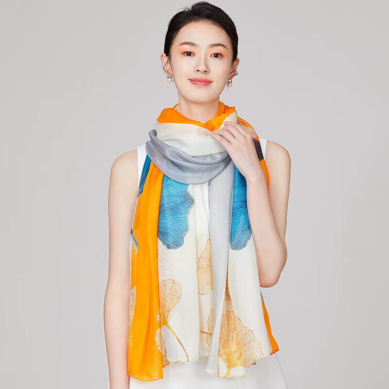 吴蚕里（WUCANLI）桑蚕丝丝巾女春夏秋时尚洋气新款纱巾薄款披肩防晒轻盈送礼围巾 杏香-桔色