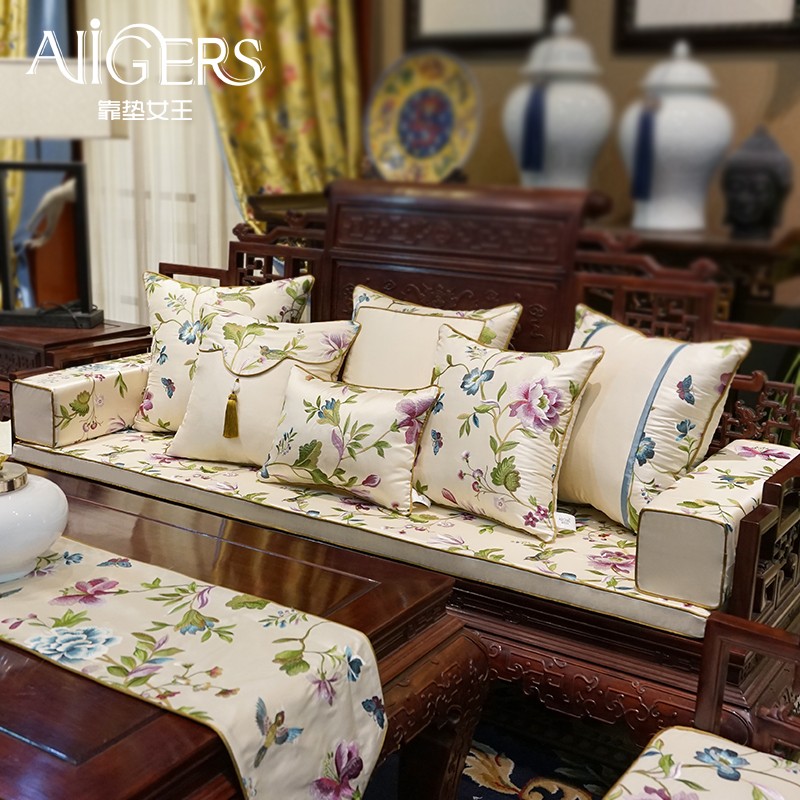 avigers新中式绣花沙发垫仿真丝红木沙发坐垫高密度海绵垫座椅垫飘窗