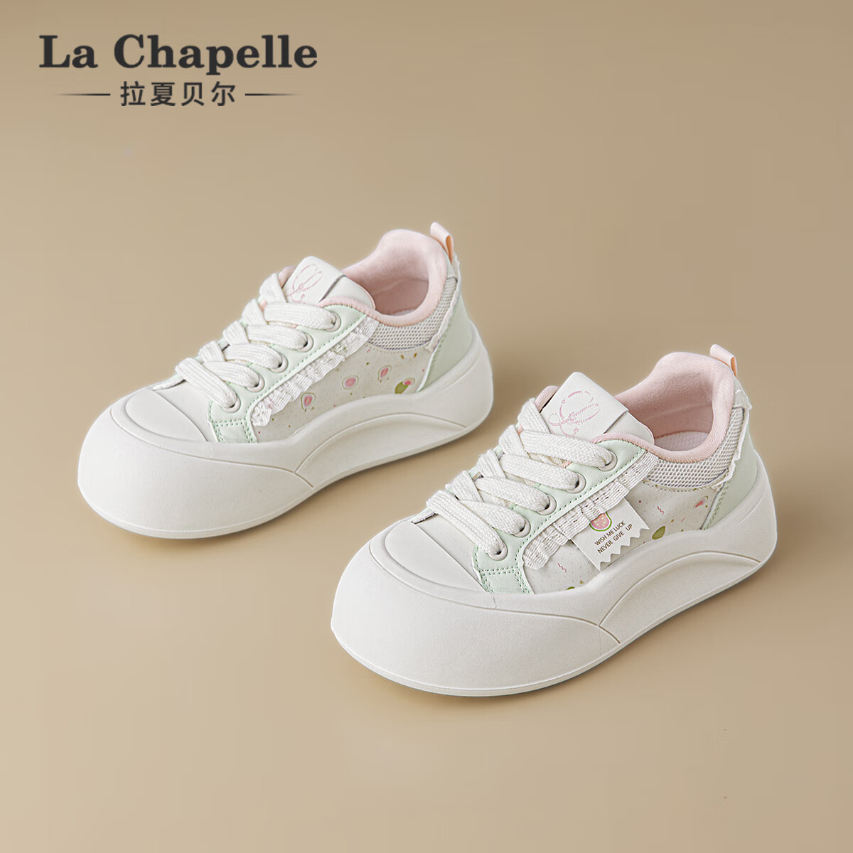 拉夏贝尔女鞋休闲百搭小白鞋板鞋大头鞋女面包鞋秋季新款防滑户外女鞋 芭乐粉 35
