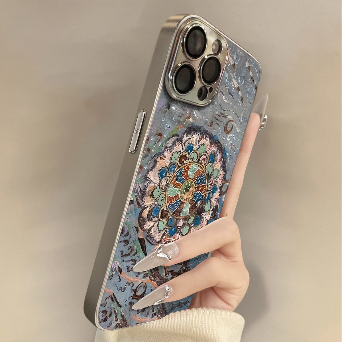 弛毅敦煌莲花苹果16pro手机壳适用iPhone15新款i14全包镜头13防摔12羊 电镀银小羊皮-敦煌莲花10705 iPhone16