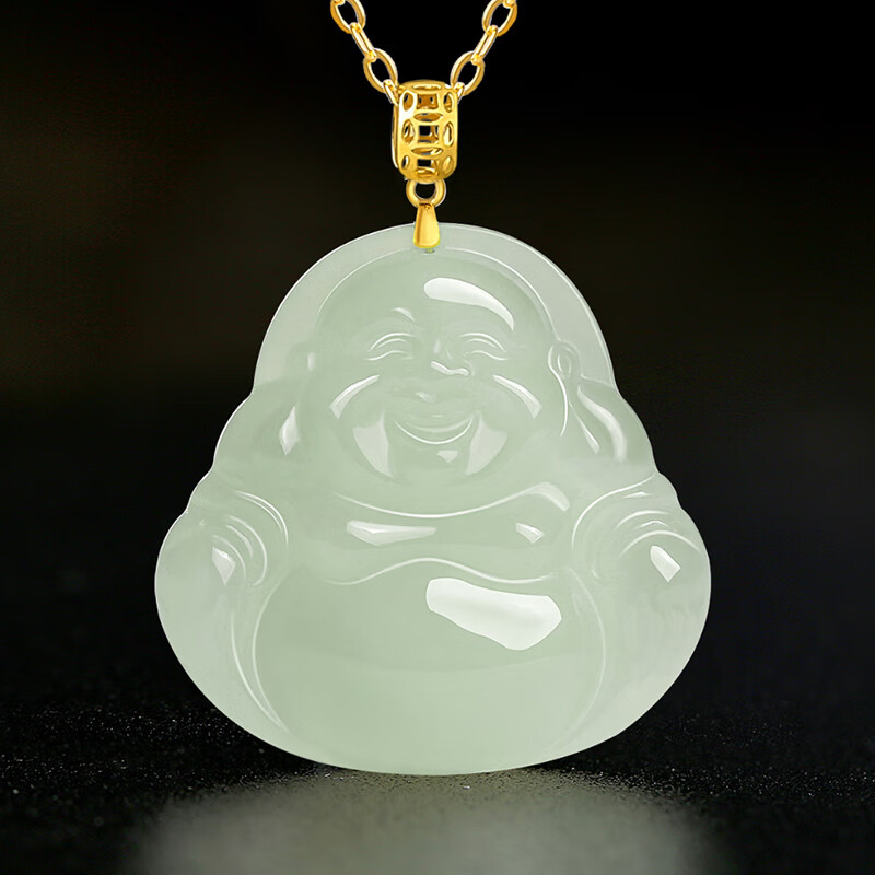 印象眸18K金鑲玉和田玉佛公吊墜女大肚彌勒笑佛玉墜掛件玉石項(xiàng)鏈 吊墜 整體約25*18mm