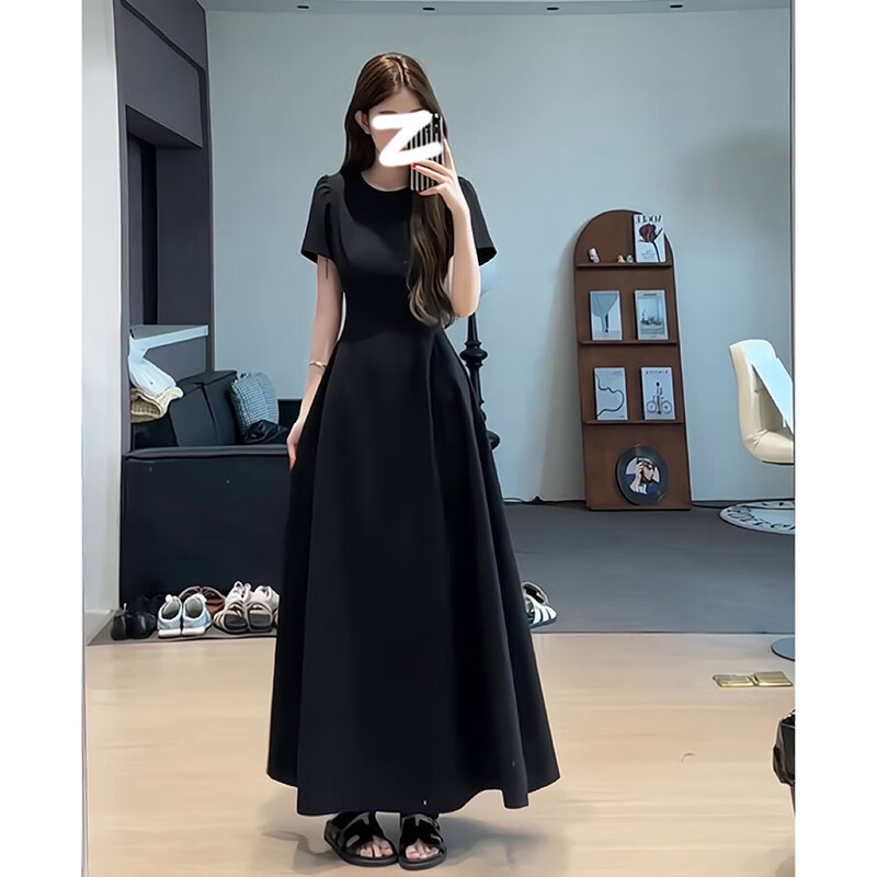 GARNUO法式赫本风黑色连衣裙子女夏季2026新款高级感礼服裙气质收腰长裙 黑色【短袖长款】 M 【101-110斤】