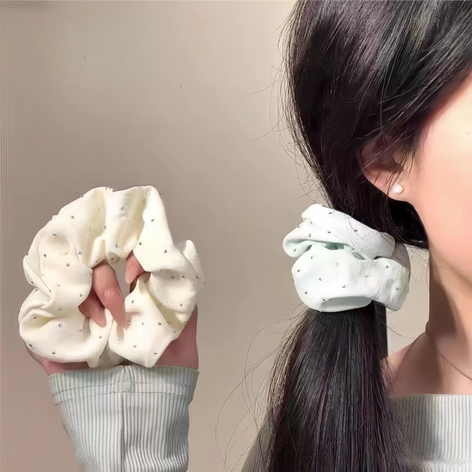 加恩倍薄荷曼波发饰蓝绿色大肠发圈新款头绳复古法式高级感韩系温柔 白色+浅绿各一个装