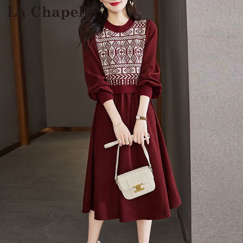 拉夏贝尔（La Chapelle）针织连衣裙女装新款2025年秋冬裙洋气小个子气质中长款打底裙子 酒红色 均码 【建议95-145斤左右】