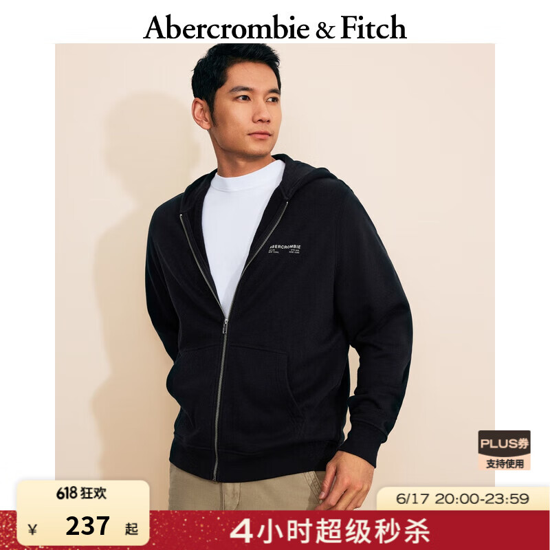 ABERCROMBIE & FITCH男裝女裝情侶裝25春新款毛圈布LOGO寬松連帽衛(wèi)衣外套KI122-5254 黑色 M (180/100A)