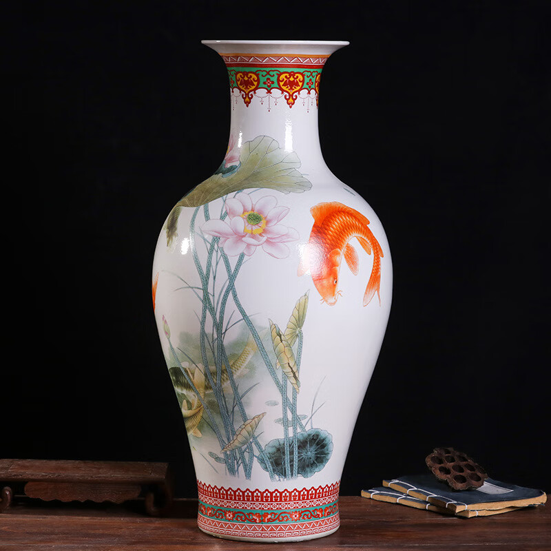 接運(yùn)貓景德鎮(zhèn)牡丹孔雀大魚(yú)尾瓶陶瓷新中式手工制作工藝品客廳博古架擺件 連年有余大魚(yú)尾瓶
