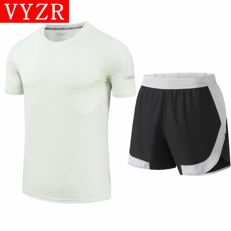 VYZR跑步运动套装男马拉松健身衣服夏季冰丝速干短袖短裤晨跑装备 浅绿色+黑色 M