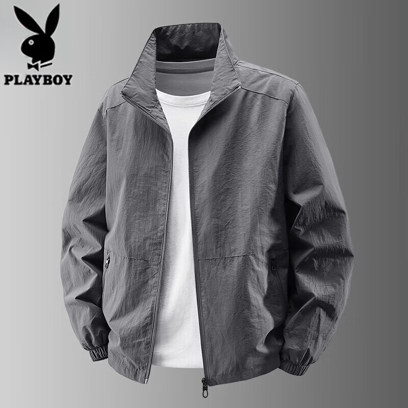 花花公子男士夹克秋冬季新款时尚潮流百搭外套户外商务休闲立领男款上衣服 8919灰色 M 建议体重【100-120斤】